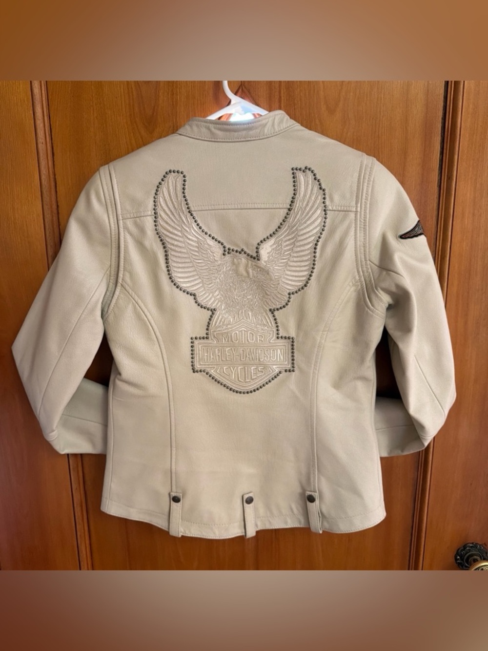 Harley-Davidson Women's Cream Leather Jacket with Studded Eagle Back